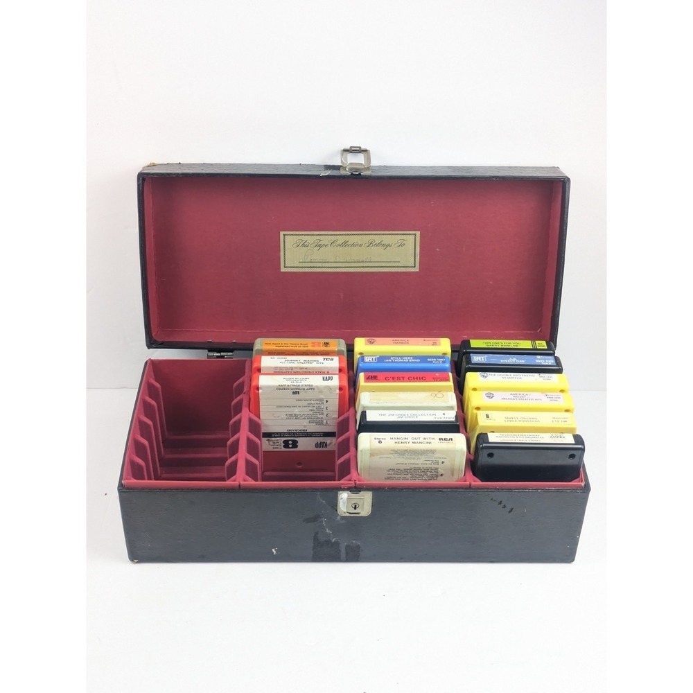 Vtg Black  8 Track‎ Tape Storage Carrier Carrying Case 15 Tapes Cap VG